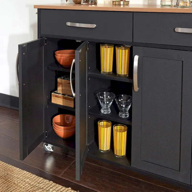 Desserte de cuisine en bois noir avec plateau en bois naturel, 2 tiroirs et armoire à 4 portes sur roulettes verrouillables