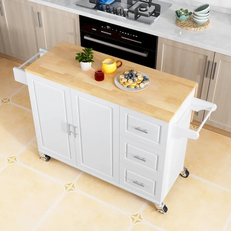 Dessert de cuisine roulant avec plateau en bois d'hévéa, tiroirs, armoire, étagère à épices, blanc