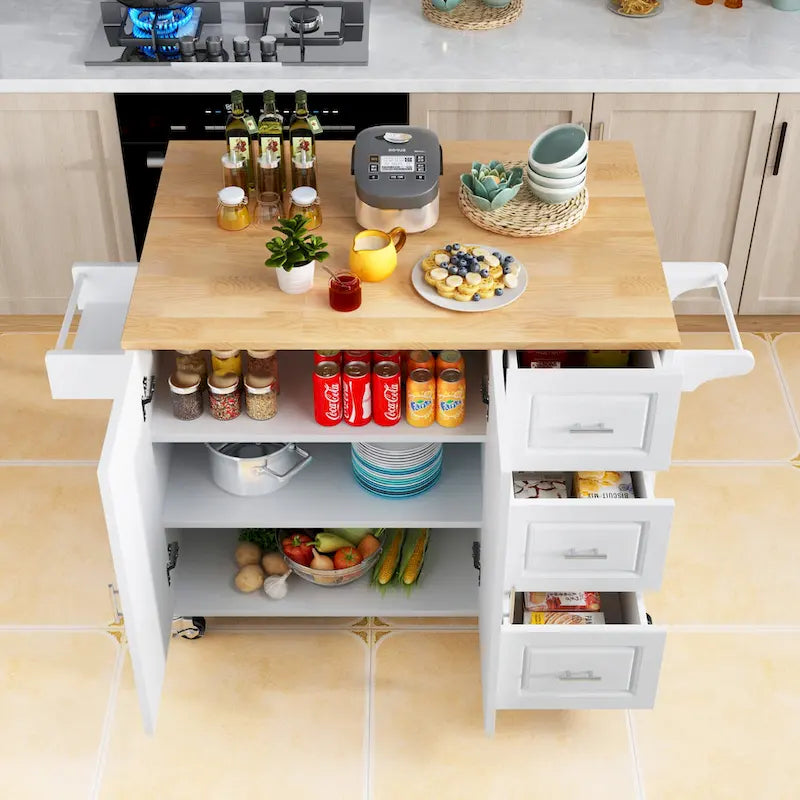 Dessert de cuisine roulant avec plateau en bois d'hévéa, tiroirs, armoire, étagère à épices, blanc