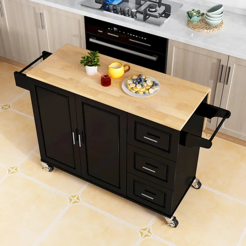 Dessert de cuisine roulant avec plateau en bois d'hévéa, tiroirs, armoire, étagère à épices, blanc