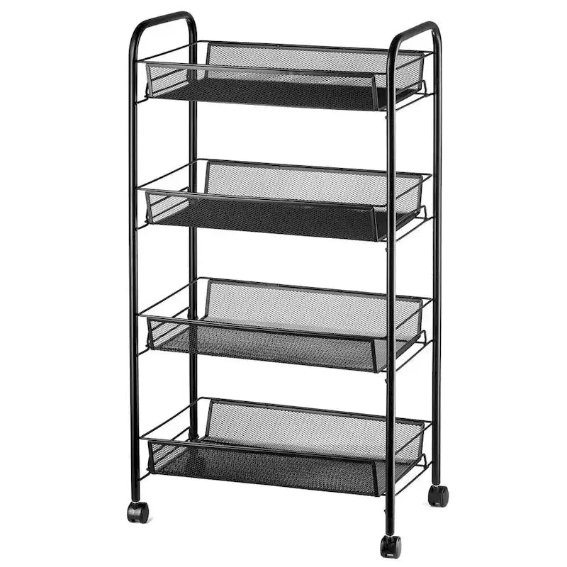 Chariot de rangement à roulettes en maille métallique noire à 4 niveaux avec roues verrouillables
