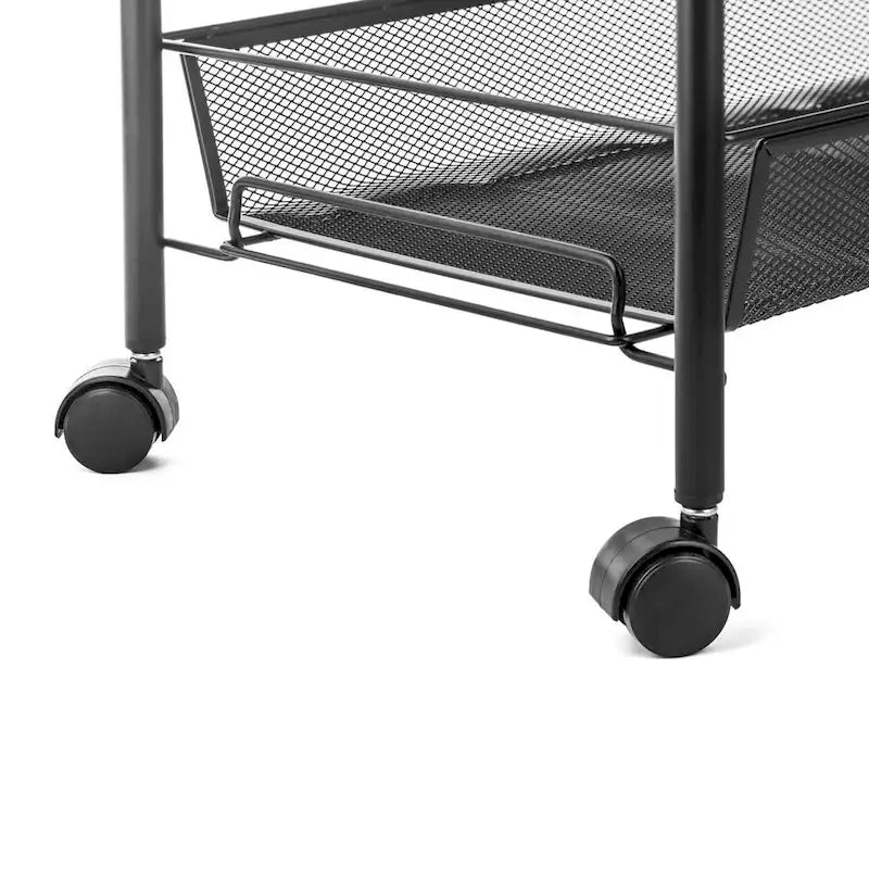 Chariot de rangement à roulettes en maille métallique noire à 4 niveaux avec roues verrouillables