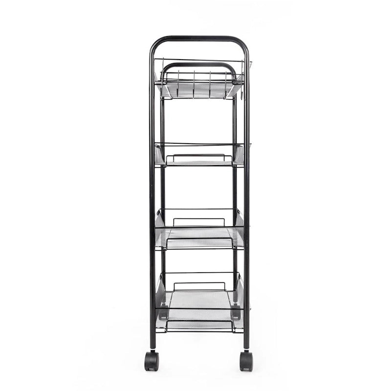 Chariot de rangement à roulettes en maille métallique noire à 4 niveaux avec roues verrouillables