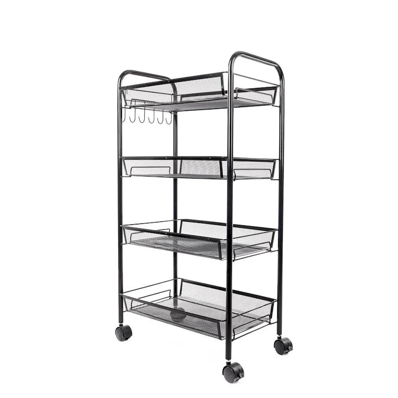 Chariot de rangement à roulettes en maille métallique noire à 4 niveaux avec roues verrouillables