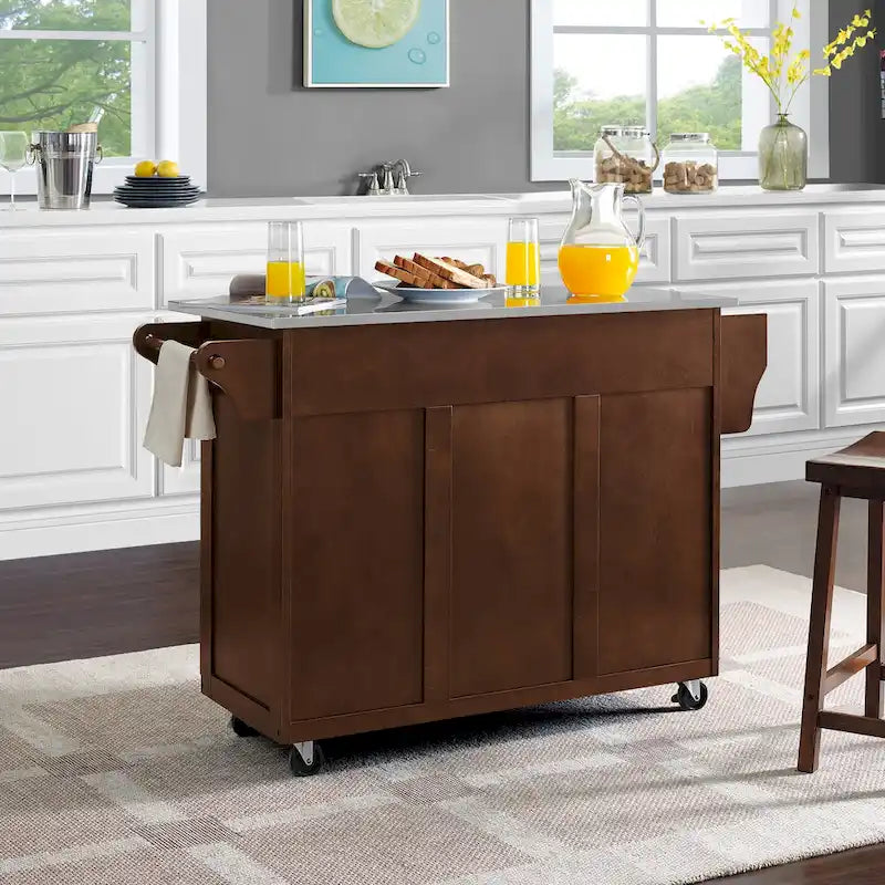 Desserte de cuisine en acajou avec plateau en acier inoxydable, 4 tiroirs et 2 placards à roulettes
