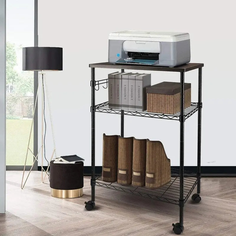 Dessertes de cuisine roulantes à 3 niveaux avec plateau en bois et roues blocables, noir