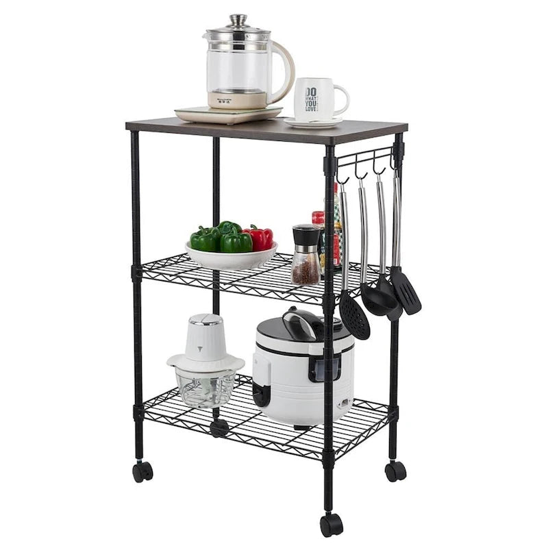 Dessertes de cuisine roulantes à 3 niveaux avec plateau en bois et roues blocables, noir