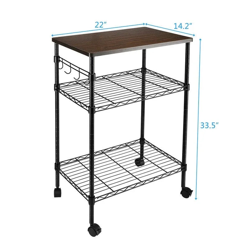 Dessertes de cuisine roulantes à 3 niveaux avec plateau en bois et roues blocables, noir