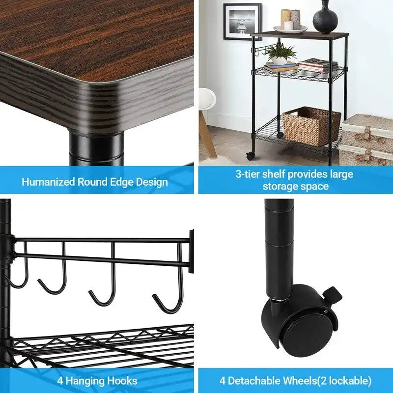Dessertes de cuisine roulantes à 3 niveaux avec plateau en bois et roues blocables, noir