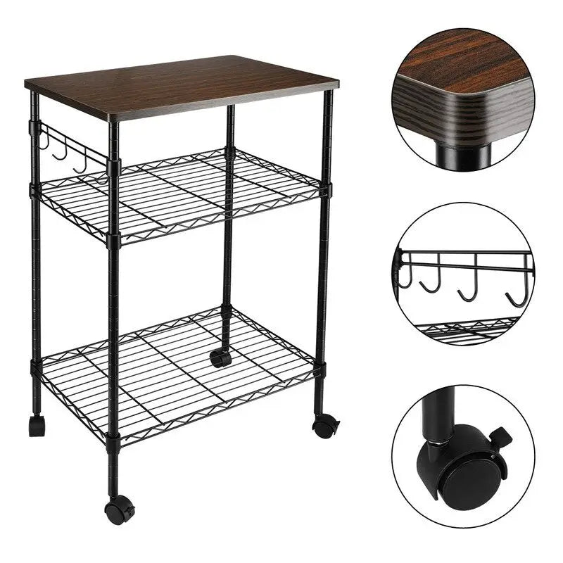 Dessertes de cuisine roulantes à 3 niveaux avec plateau en bois et roues blocables, noir