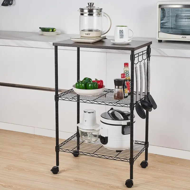 Dessertes de cuisine roulantes à 3 niveaux avec plateau en bois et roues blocables, noir