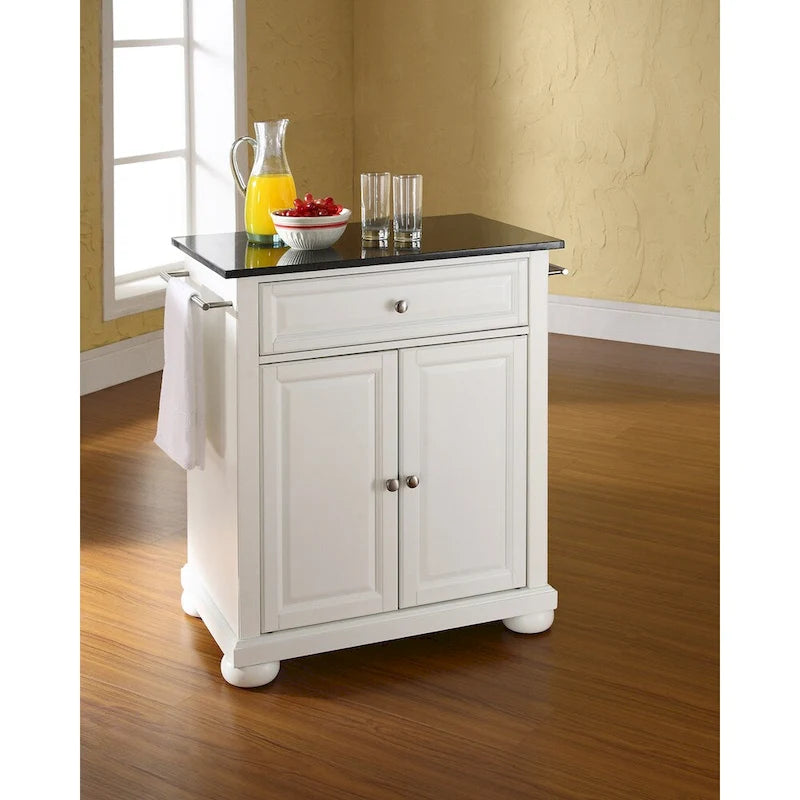 Îlot de cuisine portable blanc avec plateau en granit noir et armoire de rangement