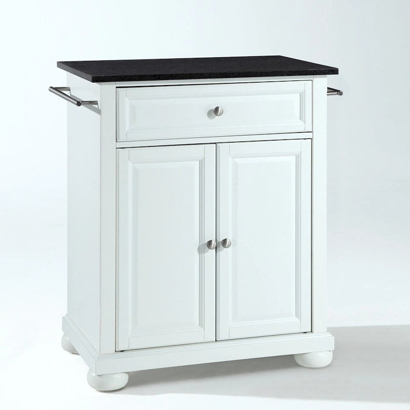 Îlot de cuisine portable blanc avec plateau en granit noir et armoire de rangement