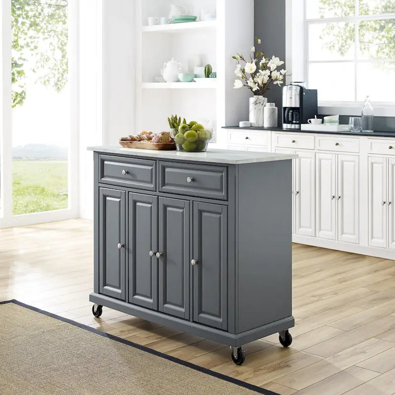 Chariot de cuisine en granit gris et marbre avec tiroirs et armoires sur roulettes