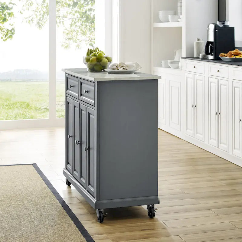 Chariot de cuisine en granit gris et marbre avec tiroirs et armoires sur roulettes