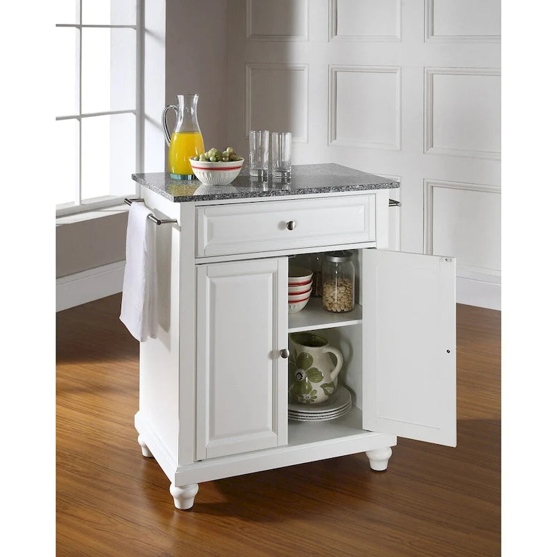Îlot de cuisine portable avec dessus en granit blanc massif, armoire et tiroir