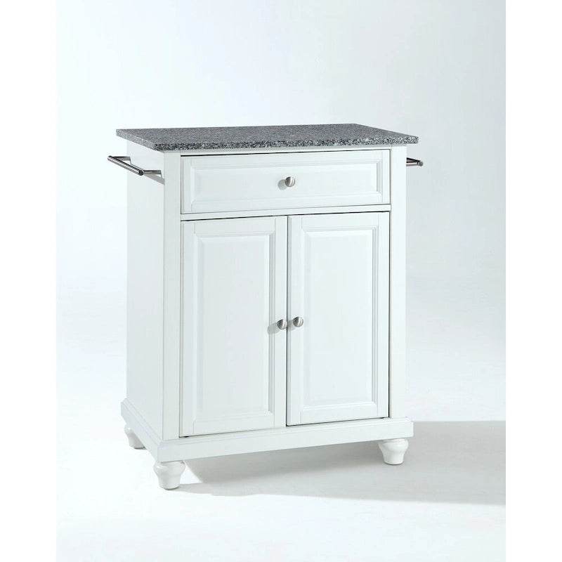 Îlot de cuisine portable avec dessus en granit blanc massif, armoire et tiroir