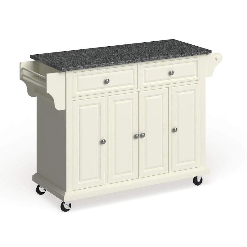 Chariot de cuisine roulant en bois blanc avec plateau en granit, armoires et tiroirs