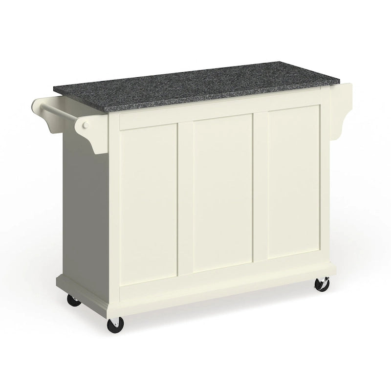Chariot de cuisine roulant en bois blanc avec plateau en granit, armoires et tiroirs