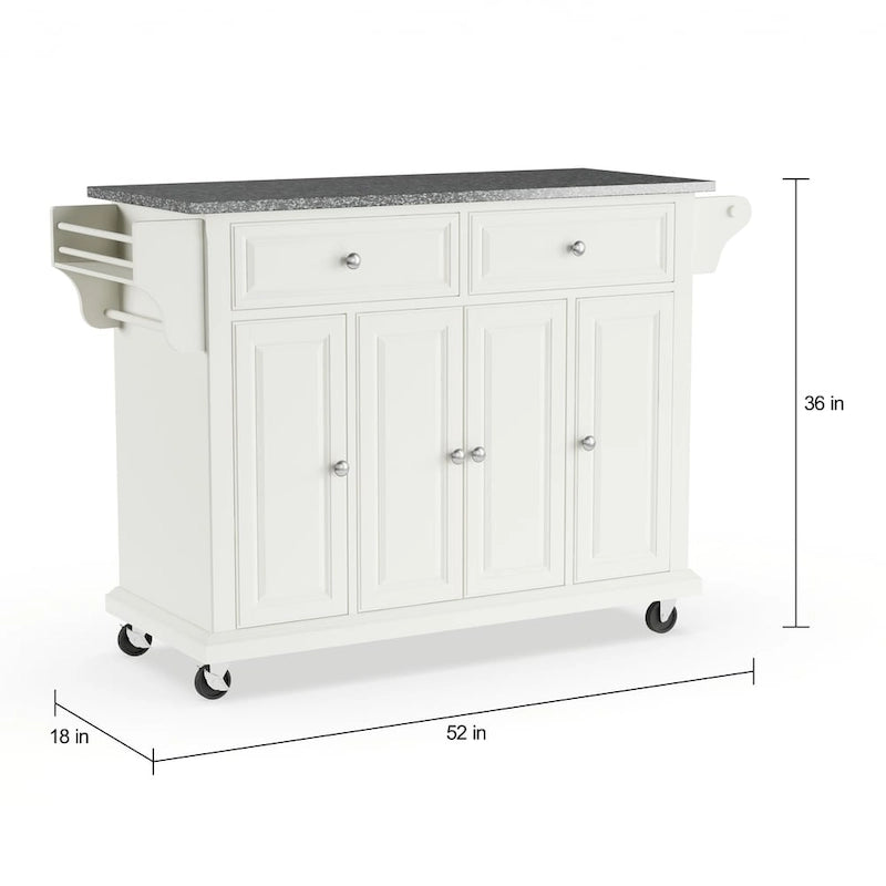 Chariot de cuisine roulant en bois blanc avec plateau en granit, armoires et tiroirs
