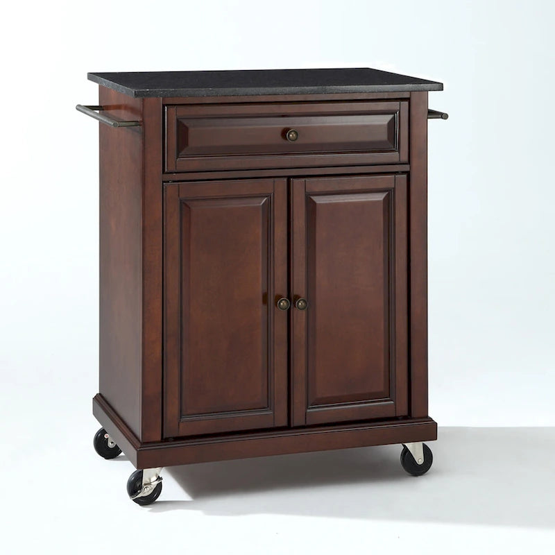 Desserte de cuisine roulante compacte avec plateau en granite noir, brun acajou