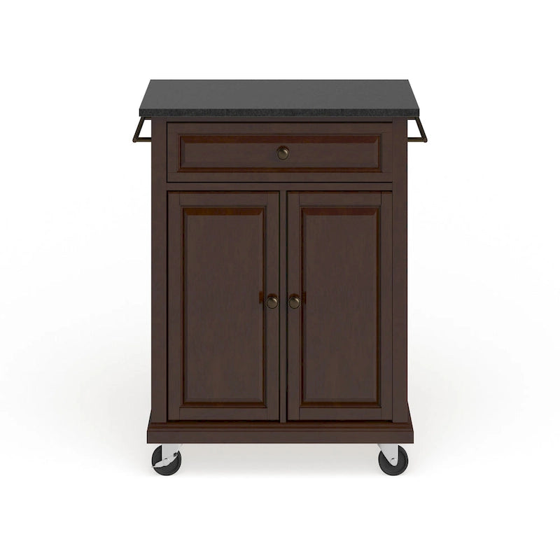 Desserte de cuisine roulante compacte avec plateau en granite noir, brun acajou