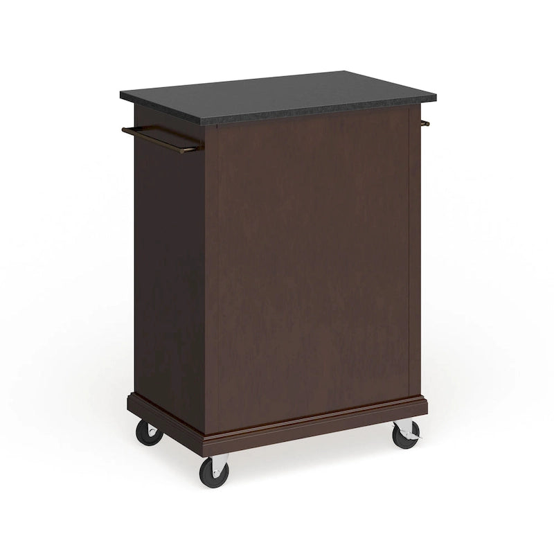 Desserte de cuisine roulante compacte avec plateau en granite noir, brun acajou