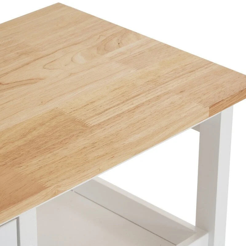 Desserte de cuisine roulante avec 3 tiroirs et 3 étagères, plateau en bois naturel, blanc