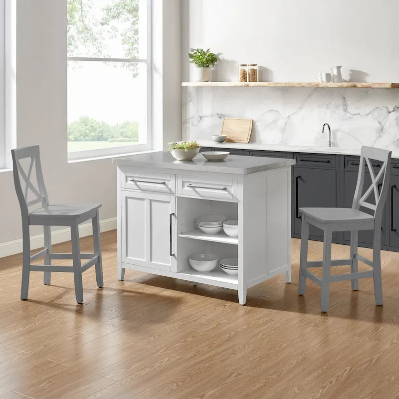 Crosley Silvia Stainless Steel Top Kitchen Island W/X-Back Stools - 57d x 46w x 41h