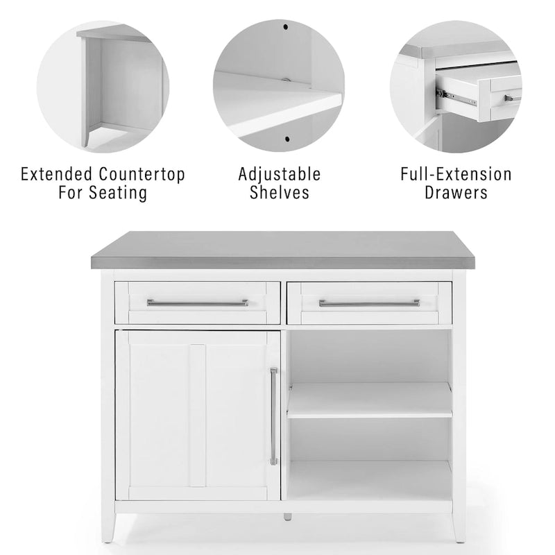 Îlot de cuisine avec plateau en acier inoxydable blanc, tiroirs, armoire et tabourets de comptoir gris