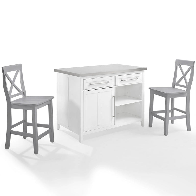 Îlot de cuisine avec plateau en acier inoxydable blanc, tiroirs, armoire et tabourets de comptoir gris