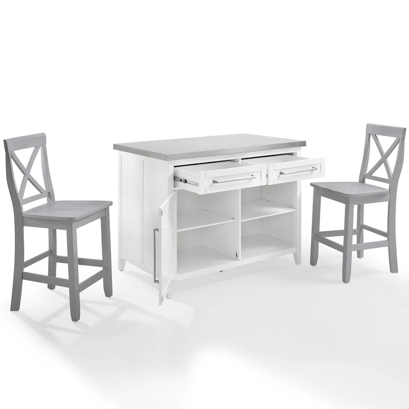 Îlot de cuisine avec plateau en acier inoxydable blanc, tiroirs, armoire et tabourets de comptoir gris