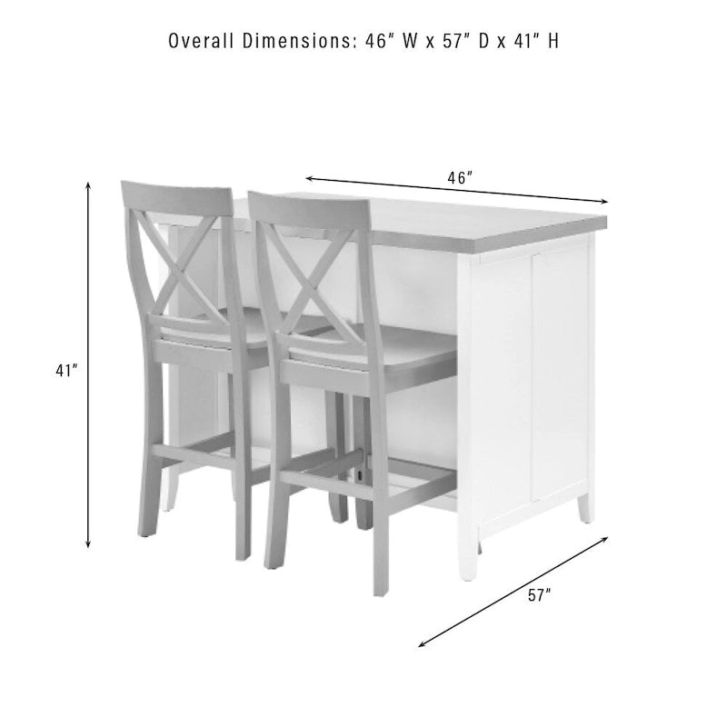 Îlot de cuisine avec plateau en acier inoxydable blanc, tiroirs, armoire et tabourets de comptoir gris