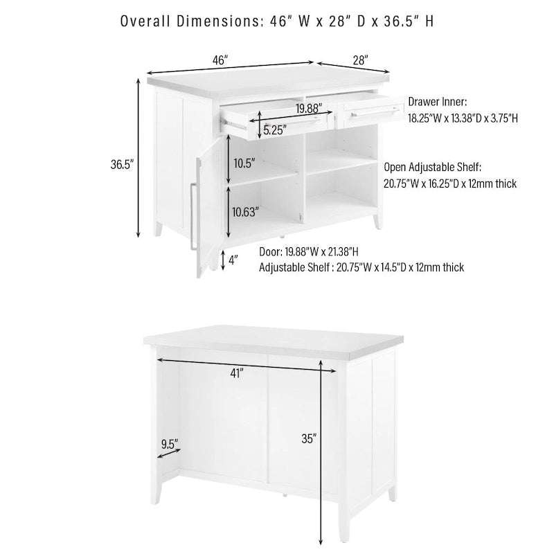 Îlot de cuisine avec plateau en acier inoxydable blanc, tiroirs, armoire et tabourets de comptoir gris