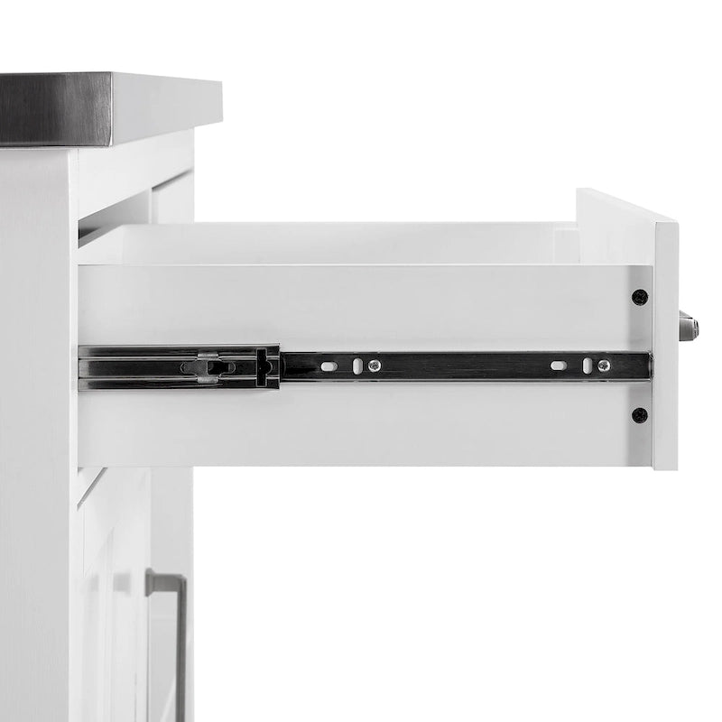 Îlot de cuisine avec plateau en acier inoxydable blanc, tiroirs, armoire et tabourets de comptoir gris
