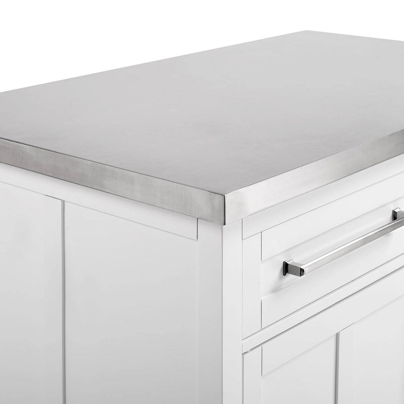 Îlot de cuisine avec plateau en acier inoxydable blanc, tiroirs, armoire et tabourets de comptoir gris