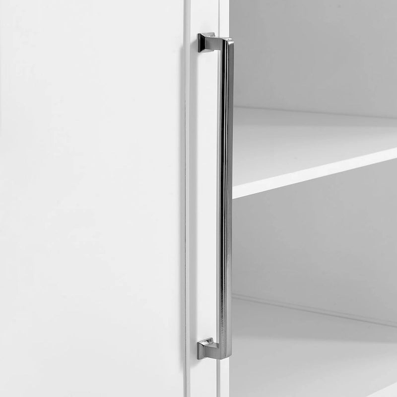 Îlot de cuisine avec plateau en acier inoxydable blanc, tiroirs, armoire et tabourets de comptoir gris