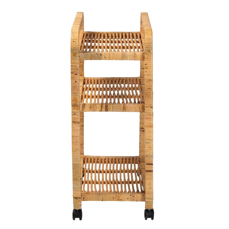 Desserte de cuisine bohème en bois d'acajou, rotin brun naturel, avec roulettes