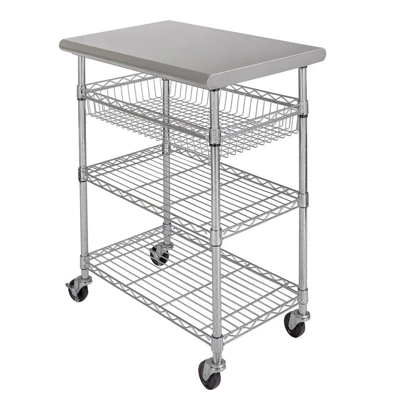 Chariot de cuisine utilitaire en acier inoxydable argenté avec étagères en fil métallique et panier