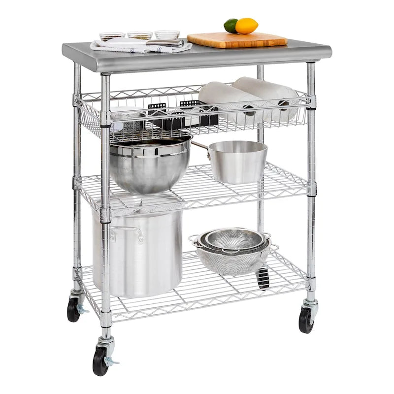 Chariot de cuisine utilitaire en acier inoxydable argenté avec étagères en fil métallique et panier
