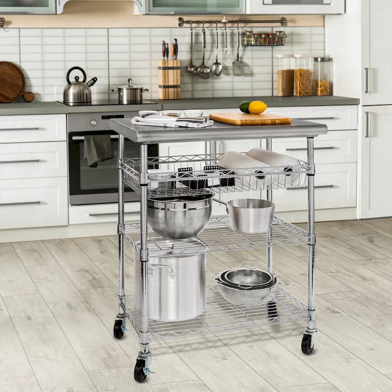 Chariot de cuisine utilitaire en acier inoxydable argenté avec étagères en fil métallique et panier