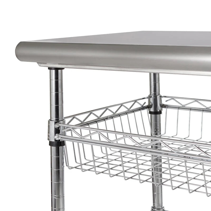 Chariot de cuisine utilitaire en acier inoxydable argenté avec étagères en fil métallique et panier