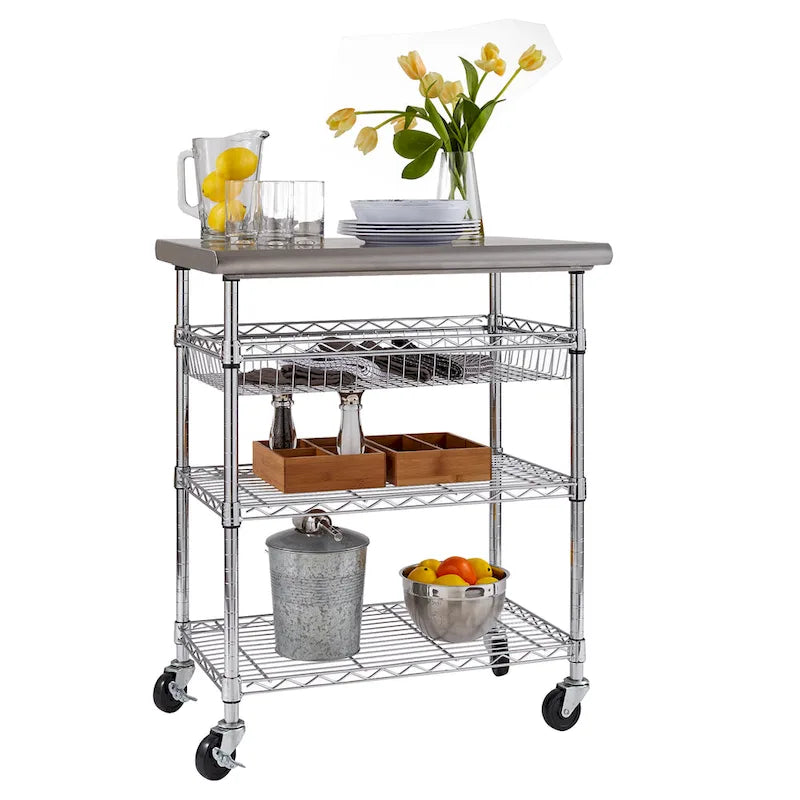 Chariot de cuisine utilitaire en acier inoxydable argenté avec étagères en fil métallique et panier