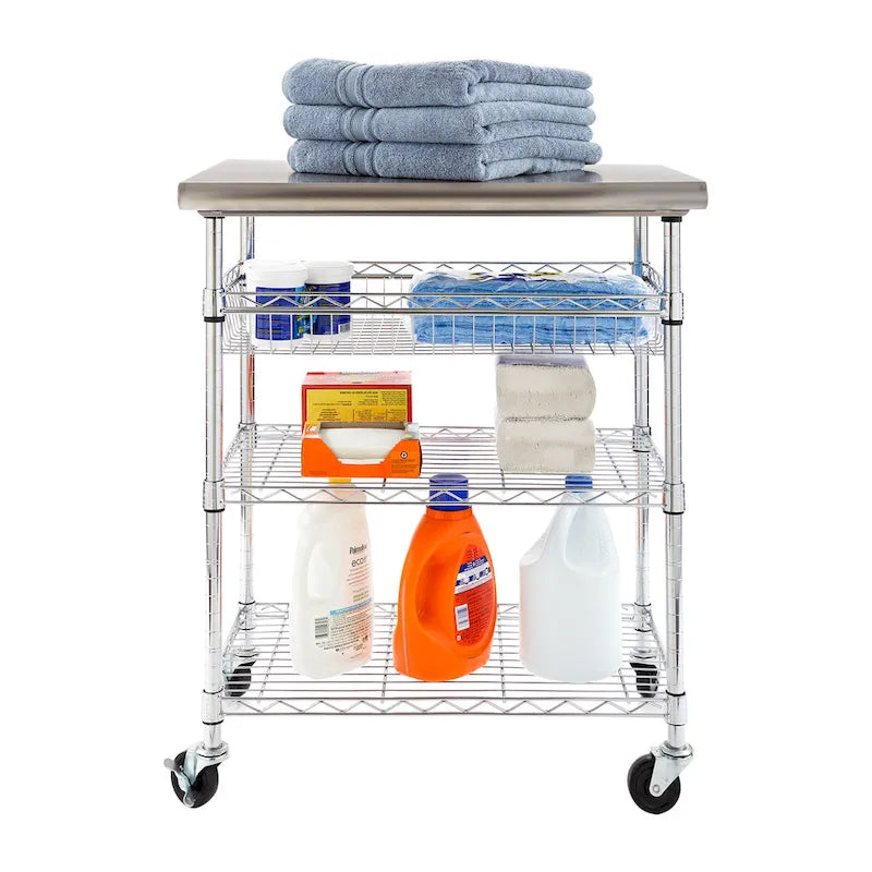 Chariot de cuisine utilitaire en acier inoxydable argenté avec étagères en fil métallique et panier