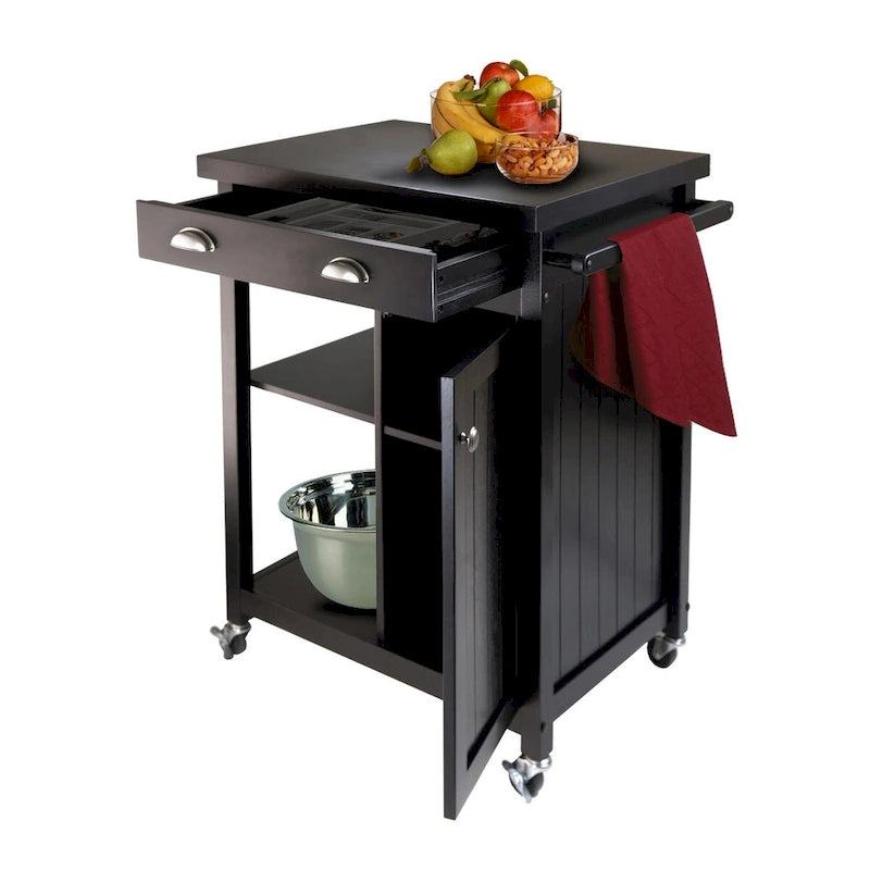 Desserte de cuisine noire roulante avec tiroir, placard et porte-serviettes