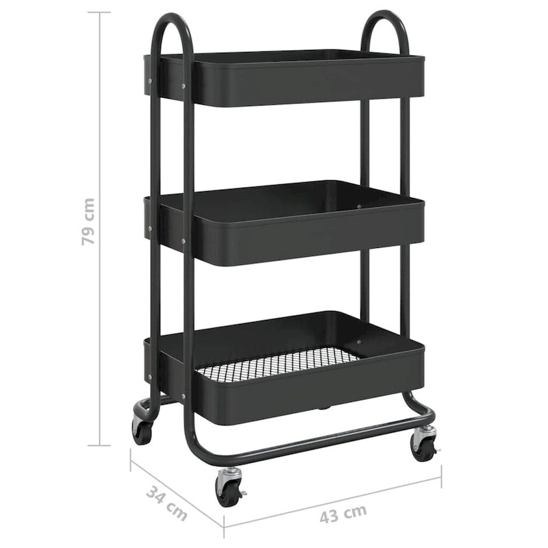 Chariot de rangement roulant à 3 niveaux en acier avec roues, Noir / Blanc / Anthracite