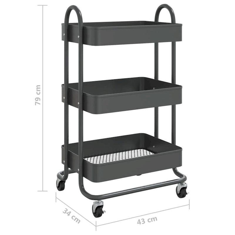 Chariot de rangement roulant à 3 niveaux en acier avec roues, Noir / Blanc / Anthracite