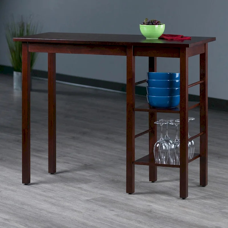 Table de bar de petit-déjeuner en noyer massif avec deux étagères latérales
