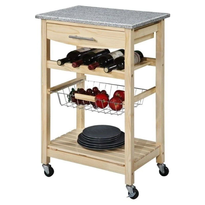 Chariot de cuisine en bois de pin naturel avec dessus en granit, casier à vin et roulettes