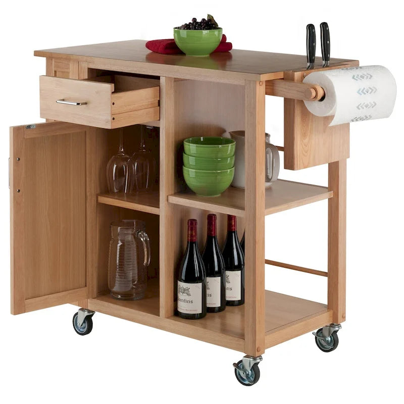 Chariot de cuisine roulant en bois naturel avec tiroir et étagères ouvertes
